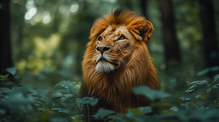 Majestic lion roaming the golden savannah at dusk, embodying the spirit of the wild in a tranquil natural landscape.