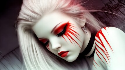 A woman with white hair and red paint on her face