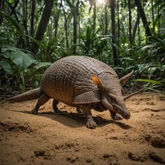 Obraz premium An armadillo rolling across a sandy patch in the rainforest.