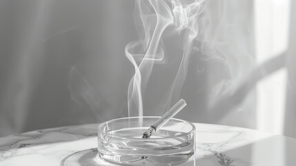 Minimalist Glass Ashtray with Cigarette Smoke on Marble Surface - Concept of Smoking Habits, Modern Design, Relaxation Moments, and Lifestyle Choices