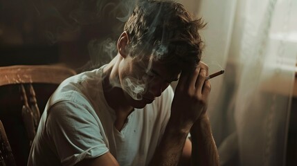 Obraz premium Pensive Caucasian man smoking indoors with a thoughtful expression, reflecting stress and inner struggles in a dimly lit room. Concept of contemplation, solitude, smoking, and emotional tension