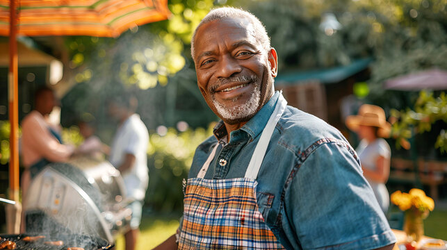 Middle-aged African American man smiling while cooking at a backyard barbecue with friends and family. Concept of outdoor gatherings, friendship, summer celebrations, and joyful moments