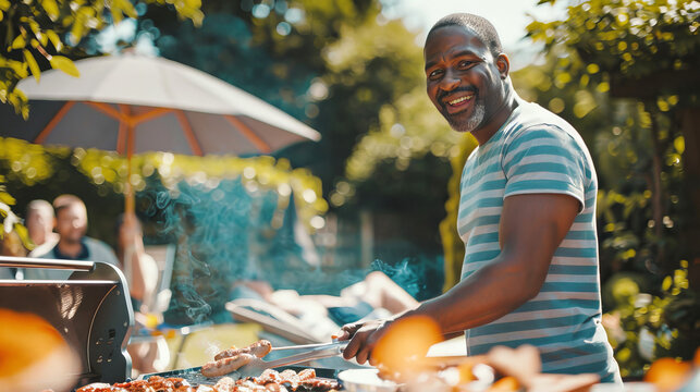 Middle-aged African American man enjoying summer barbecue outdoors while cooking in backyard with friends and family. Concept of joyful cooking, outdoor gatherings, grilling, leisure time relaxation