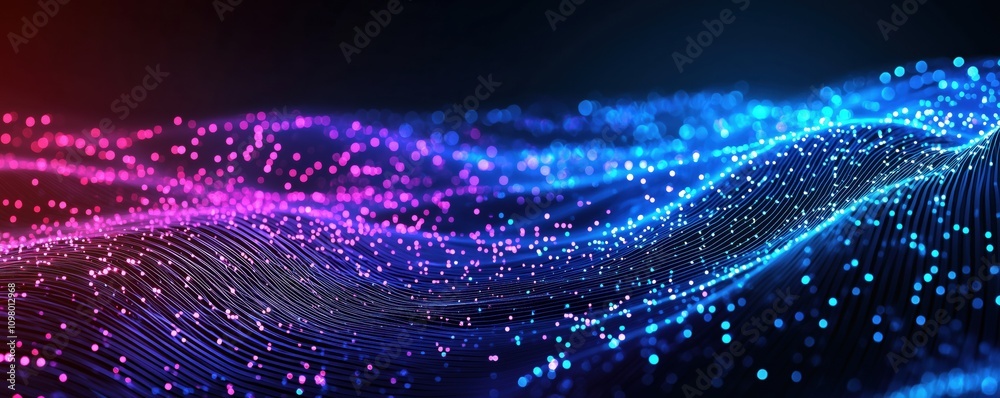 Poster dynamic digital background showcasing vibrant waves of color ideal for technology, neural networks, 
