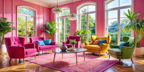 Fototapeta premium Vibrant Interior of a Pink Room Showcasing Colorful Chairs and Armchairs for a Cozy and Inviting Atmosphere in Home Decor