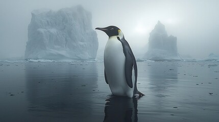 Obraz premium Lone Penguin on Shrinking Ice Sheet Amid Towering Crumbling Glaciers Global Warming Concept