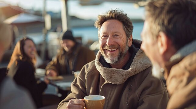 Middle Aged Caucasian Man with Joyful Expression Enjoying Coffee Outdoors with Friends Concept of Friendship Relaxation Socializing and Warm Beverages