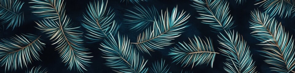 Fototapeta premium Dark blue-green pine tree leaves pattern on a dark background 