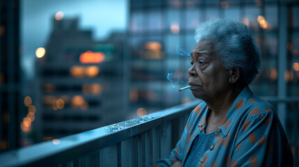 Sad and thoughtful elderly African American woman smoking cigarette on Cityscape Balcony at night with blurred city lights. Concept of loneliness, depression, stress, introspection, bad habits