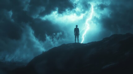 Fototapeta premium Man silhouetted against stormy sky and lightning.
