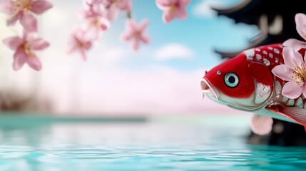 A red fish with pink flowers floating in the water