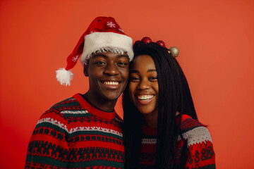 Fototapeta premium Couple Celebrating Christmas in Santa Hats and Patterned Sweaters Smiling Happily on Blank Background