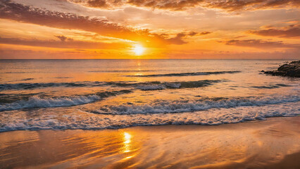 Obraz premium Peaceful Beach Sunset with Gentle Waves and a Vibrant, Colorful Sky