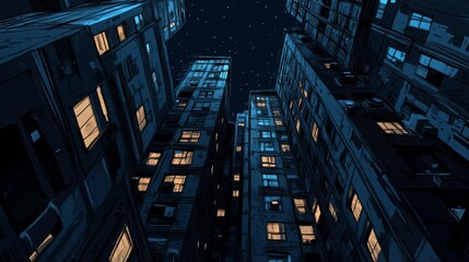 Obraz premium Night city buildings, low angle view.