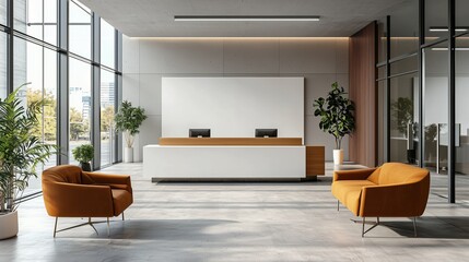 Modern office lobby designed for comfort and functionality featuring sleek lines and minimalist furniture with ample natural light in an inviting environment