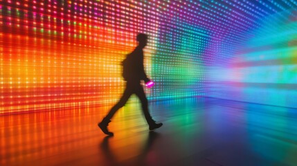 Person walking through vibrant, colorful light tunnel.