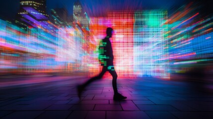 Person walking through vibrant city lights at night.