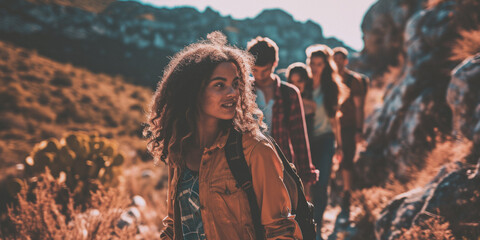 Obraz premium girl with backpack Tourist in nature Generative AI