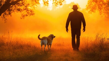 Man Walking Dog in Serene Golden Sunrise Surrounded by Autumn Landscape