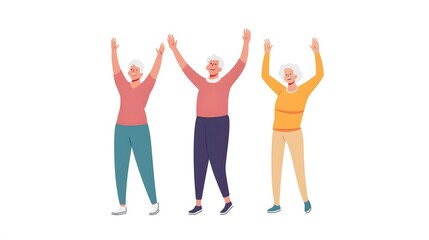 Fototapeta premium 6. An elderly couple participating in a group exercise class, guided by an instructor, on a white background