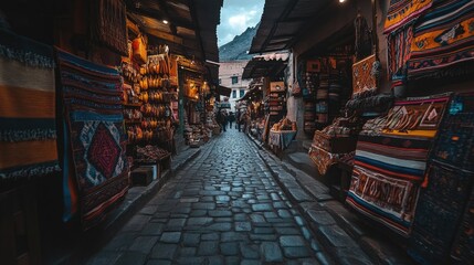 Obraz premium Colorful Cobblestone Street Market with Textiles and Handicrafts