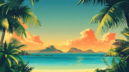 Obraz premium Tropical Island Scene with Palm Trees and Ocean View