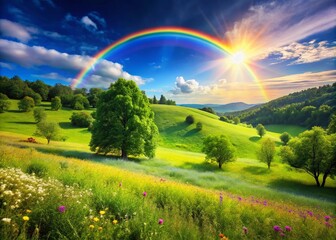 Fototapeta premium Vibrant Rainbow Arching Over a Lush Valley, Symbolizing Hope and the Protective Nature of the Ozone Layer Under a Clear Sky, Creating a Scene of Natural Beauty