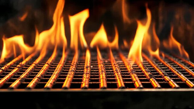Intense flames dance over a grill grate