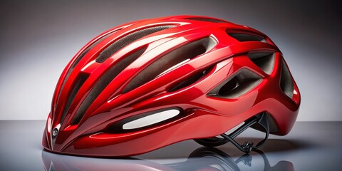 Fototapeta premium Vibrant Red Bicycle Helmet with Ventilation Openings for Enhanced Safety and Comfort in Cycling Adventures, Featuring a Sleek Design Perfect for Any Outdoor Enthusiast