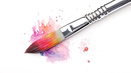 Obraz premium Close-up of paintbrush with vibrant watercolor splatter on white background.