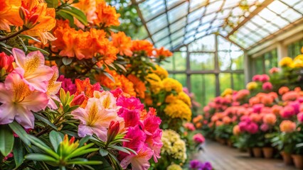 Obraz premium Vibrant Rhododendron Flowers in the Kyiv Botanical Garden Orangery with Bright Colors and Copy Space for Text
