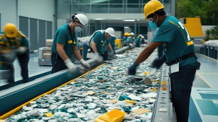 Busy recycling center with workers sorting waste materials