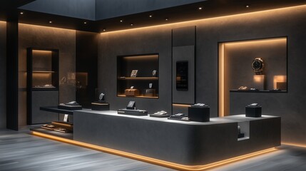 Sleek Modern Luxury Store Interior Featuring Elegant Display of High-End Watches and Jewelry