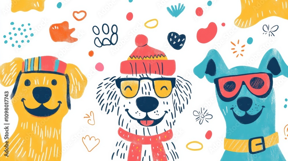 Poster three whimsical dogs adorned with hats and sunglasses are illustrated against a vibrant backdrop of 