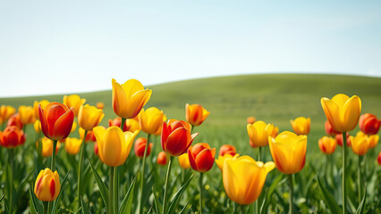 Harmonious blend of yellow and red tulips in a picturesque setting, array, combination, harmony, unity, mix