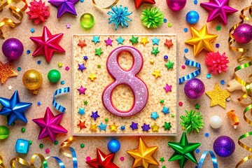Fototapeta premium Vibrant Square Greeting Card Design for an 8th Birthday Celebration Featuring Playful Stars, Glitter, and Colorful Serpentine Decorations