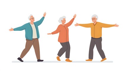 6. An elderly couple participating in a group exercise class, guided by an instructor, on a white background