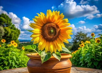 Obraz premium Vibrant Sunflower in a Pot Surrounded by Lush Greenery Against a Clear Blue Sky - Perfect for Nature Lovers and Gardening Enthusiasts