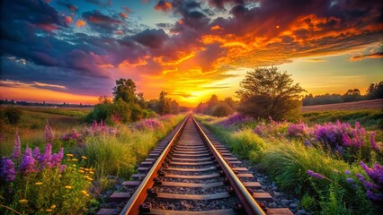 Obraz premium Vibrant Sunset Over Railroad Tracks in Pixel Art Style, Capturing the Tranquil Beauty of a Scenic Journey Through Nature's Palette