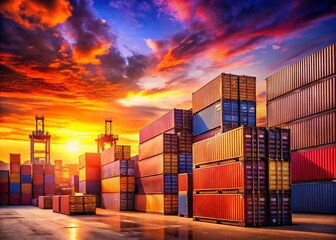 Fototapeta premium Vibrant Sunset Over Shipping Containers: A Stunning Visual of Global Trade and Logistics in Colorful Hues at Dusk