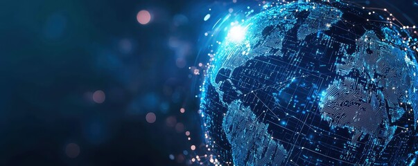 A digital representation of Earth illuminated by blue lights, showcasing a futuristic, interconnected world through a network of luminous data points.