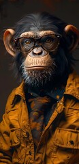 A monkey wearing glasses and a tie, dressed in an office shirt, Portrait style, illustration