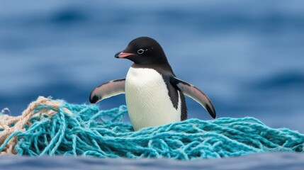Fototapeta premium Trapped Penguin Struggling to Break Free from Net