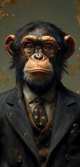 A monkey wearing glasses and a tie, dressed in an office shirt, Portrait style, illustration