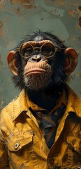 A monkey wearing glasses and a tie, dressed in an office shirt, Portrait style, illustration