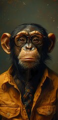 A monkey wearing glasses and a tie, dressed in an office shirt, Portrait style, illustration