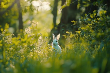 Photo of a white Easter rabbit in tall grass, surrounded by greenery and trees. Web banner with copy space 