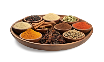  an absolutely blank Various of Asian spices and herbs in types of powder and grain inside wood on a transparent background