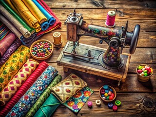 Vintage Arrangement Featuring a Classic Sewing Machine Surrounded by Retro Fabrics, Spools, and Accessories in a Charming Homestyle Setting for Nostalgic Photography