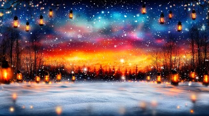 Fototapeta premium A snowy landscape with lanterns hanging from the trees